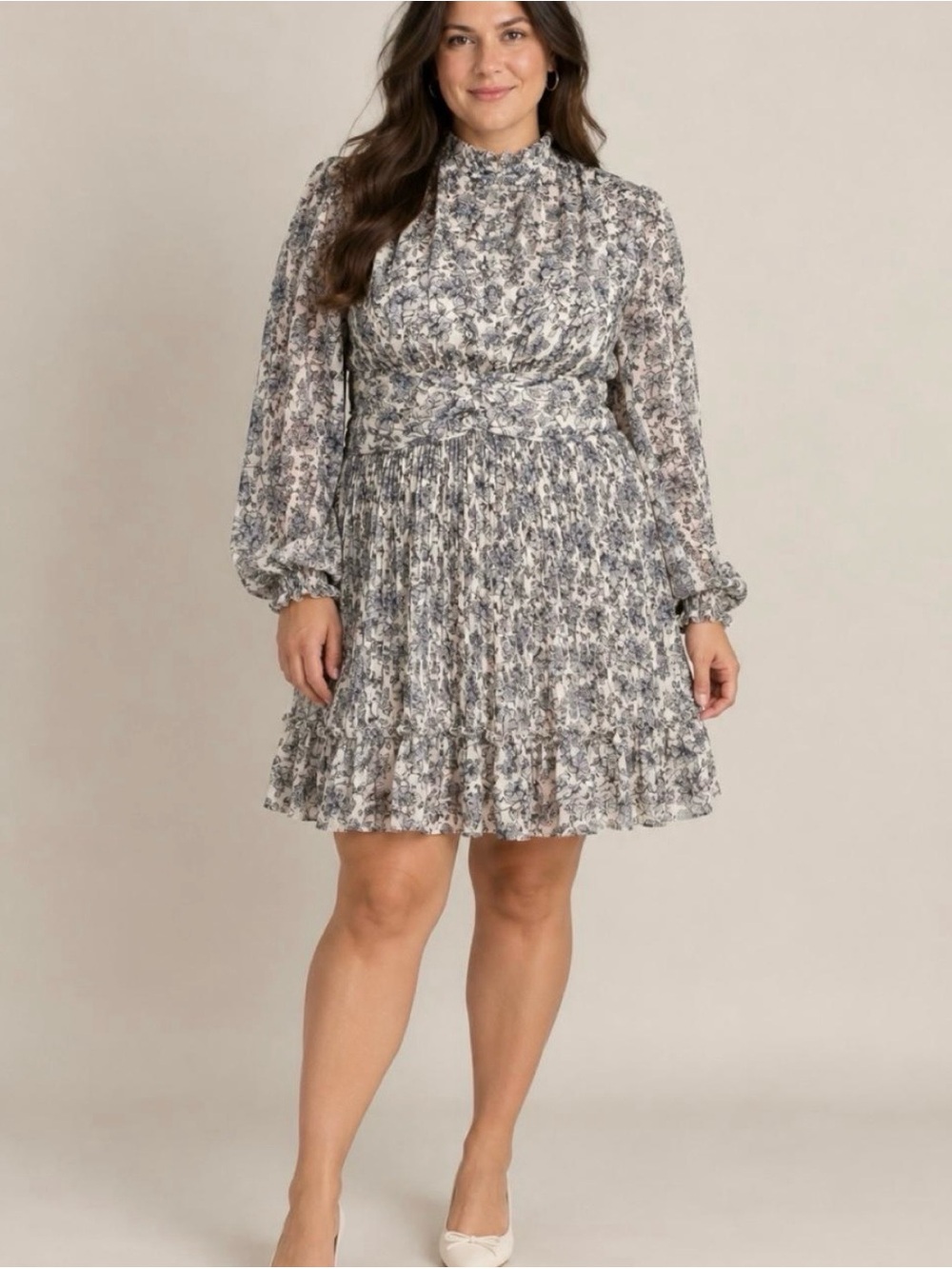 Ivy City Co Brynley Blue and White Floral Long-Sleeve Pleated Dress XL